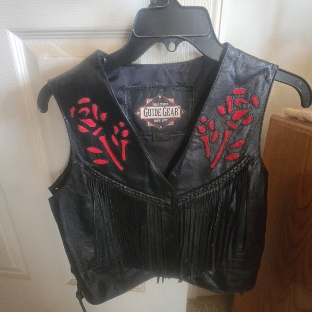 Guide Gear Black Leather Fringe Biker Vest with Red Embroidery Roses